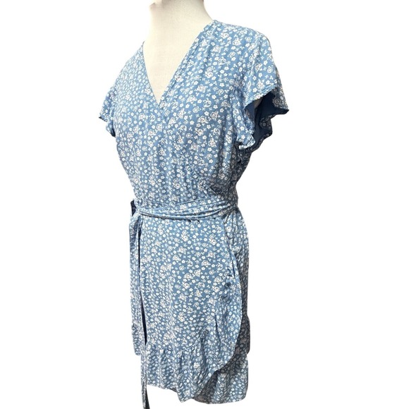 Y2K The Drop Blue White Floral Wrap Midi Dress XL Flutter Sleeve 90s Hippie Boho - Picture 2 of 6